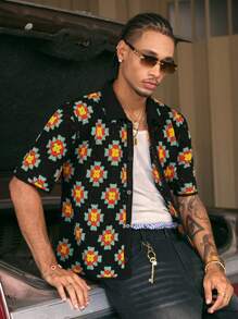 AXEPEAK Camisa de punto casual de manga corta con botones delanteros y estampado floral para hombres - Multicolor - Ver 4