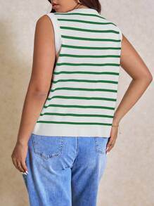 Elaquor Plus Size Women Striped Single-Breasted Casual Knitted Vest In Fall/Winter - Green - View 6