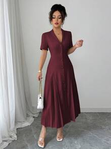 Selianne Đầm Maxi trang trọng thanh lịch kiểu Pháp cho nữ mùa xuân/hè cổ Peter Pan đơn giản thắt nút eo chữ A xếp ly hai bên tay ngắn xếp ly - Màu Tím - Xem 7