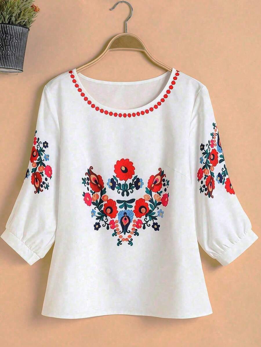 EMERY ROSE 女士花卉印花圆领 3/4 袖休闲假日衬衫 - 白色 - 查看 1