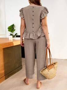 SHEIN Frenchy 2 Pieces Set Plus Size Solid Color Short Sleeve Top And Long Pants, Fashion For Summer - Khaki - View 1