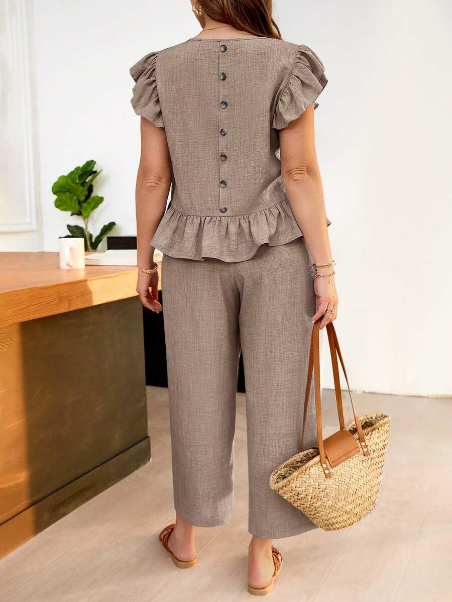 SHEIN Frenchy 2 Pieces Set Plus Size Solid Color Short Sleeve Top And Long Pants, Fashion For Summer - Khaki - View 1