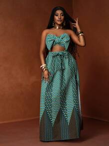 Slaydiva 2pcs Set - African Print Front Knot Top & High Low Hem Skirt, Suitable For Music Festivals, Holidays, Parties, Everyday For Plus Size Women - Multicolor - View 6