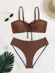 SHEIN Swim Curve Plus Size Women 2pcs/Set Solid Color Casual Swimsuit Set - Brown - View 1