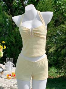 Comfortcana Women's Summer Vacation Butter Yellow Tight Halter Neck Suspender Metal Button Top And Shorts Set, Suitable For Vacation Wear - Yellow - View 1