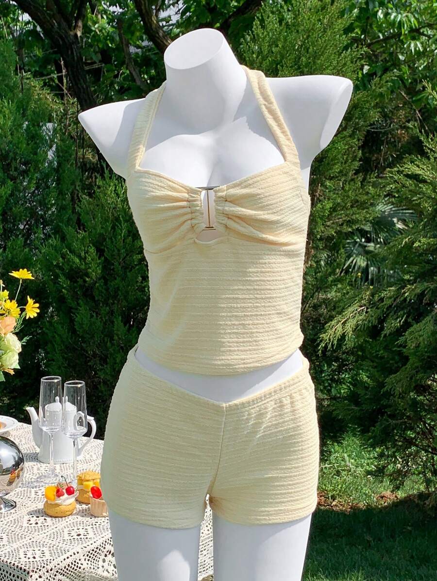 Comfortcana Women's Summer Vacation Butter Yellow Tight Halter Neck Suspender Metal Button Top And Shorts Set, Suitable For Vacation Wear - Yellow - View 1