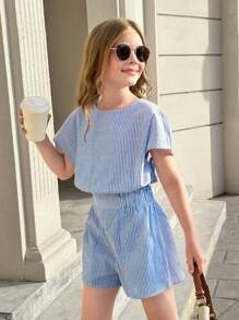 SHEIN Bộ 2 món áo thun tay Dolman cổ tròn kẻ sọc thường ngày cho bé gái tuổi teen và quần short rộng rãi - Màu xanh lam - Xem 7