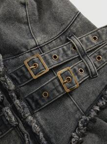 ROMWE Grunge Punk Y2K Style Frayed Distressed Color Cold Shoulder Halter Flared Hem Short Denim Dress For Women - Grey - View 4