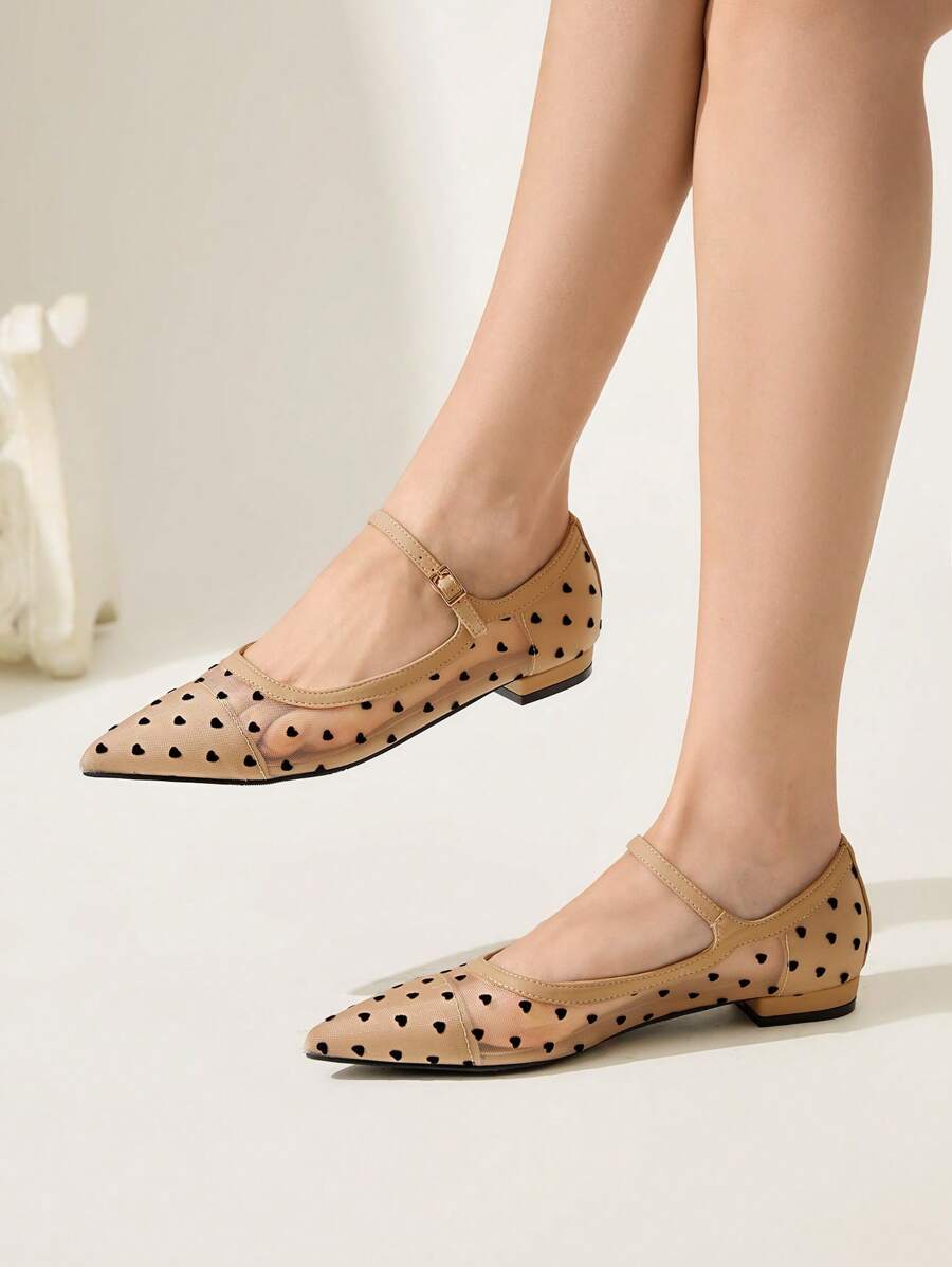 CUCCOO CHICEST 全新杏色心形与波尔卡圆点网眼透气优雅舒适低跟尖头女士平底鞋 - 杏色 - 查看 1