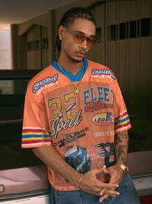 AXEPEAK 街头潮流撞色 V 领宽松短袖 T 恤，适合男士夏季校服 - 橘色 - 查看 4