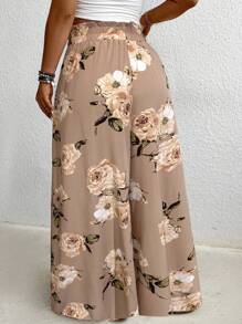 SHEIN Tall Pantalones anchos y holgados con estampado floral y cordón en la cintura, adecuados para vacaciones, tallas grandes para mujeres