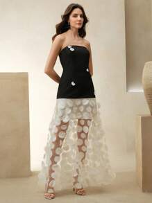 Anewsta Women's Black Patchwork With Apricot Polka Dot Mesh Strapless Fitted Long Dress, Elegant For Summer - Black - View 7
