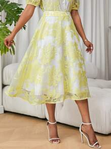 SHEIN Unity 女士优雅提花A字裙 - 黃色 - 查看 5