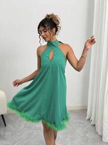 Elenzga 加大码毛领高端个性化宽松露肩短款派对礼服，优雅生日鸡尾酒礼服