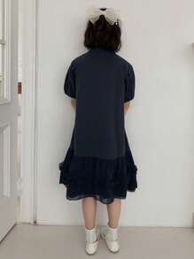 DAZY Tween Girls Polo Collar Short Sleeve Dress, Summer,Back To School Clothes - Navy Blue - View 3