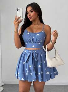 SHEIN Unity 大码女式心形印花吊带背心和系带腰摆中长裙两件套，优雅设计，适合海滩、派对、节日、春夏季 - 藍白色 - 查看 4