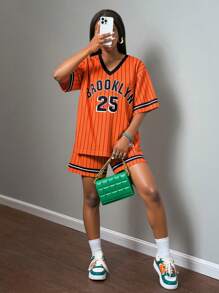 Slaydiva Women 2pcs Set With Number 25 & Orange Striped Print - Multicolor - View 1