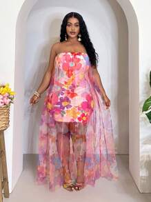 Veslaya 2026春夏新款音乐节优雅休闲性感多色撞色印花双层修身无肩带长裙，大码，飘逸连衣裙，女士太阳裙 - 彩色 - 查看 4