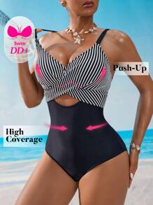 Swim DD+ Plus Size Women's Summer Holiday Beach Striped Hollow-Out One-Piece Swimsuit - Black and White - View 5