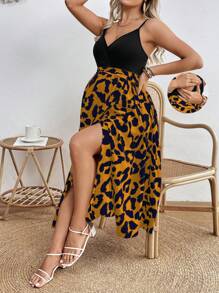 SHEIN Maternity Holiday Leopard Print Patchwork Side Slit Nursing Dress - Yellow - View 1