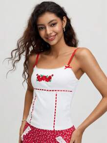 SHEIN MOD 玫瑰刺绣针织女式上衣，可爱夏季上衣 - 紅白色 - 查看 7