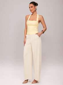 Silquee 1 Damen einfarbiges Rüschen-Crop-Top, modischer schlanker Träger-Neckholder-Büro-Pendler-Oberteil, buttergelb