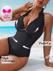 Swim DD+ Women's V-Neck Halter Tie Dd+ Sexy Wireless One-Piece Swimsuit For Summer Beach Vacation - Black - View 5