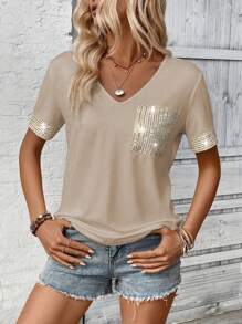 SHEIN LUNE Women's Sparkling V-Neck T-Shirt With Patchwork Design Graphic Tees Women Tops - Khaki - View 3