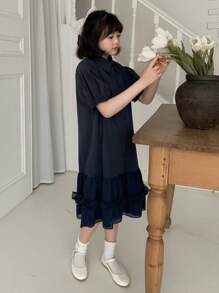 DAZY Tween Girls Polo Collar Short Sleeve Dress, Summer,Back To School Clothes - Navy Blue - View 5