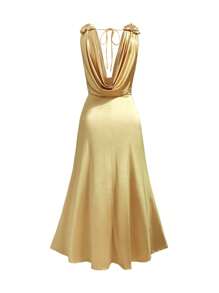 Celure Große Größen einfarbiges 3D Blumen Dekor Kleid mit tiefem drapiertem Ausschnitt und rückenfrei, sexy Party Kleid