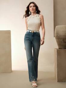 Anewsta 女士优雅3D花卉装饰插肩袖杏色性感修身圆领纹理蕾丝衬衫