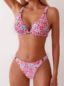 SHEIN Swim Women's Floral Print Sexy Bikini Swimsuit Set, Split Swimwear, Random Print Pattern - Multicolor - View 1