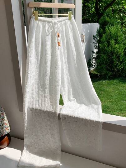 Comfortcana 女式白色阔腿休闲抽绳高腰阔腿裤，适合度假穿着