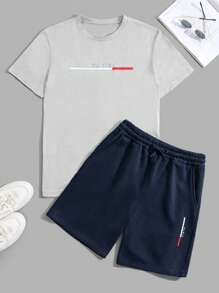 EURMUSE Men Cottonline Paris Printed Regular T-Shirt & Short Set - Grey - View 2