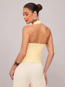 Silquee 1 Damen einfarbiges Rüschen-Crop-Top, modischer schlanker Träger-Neckholder-Büro-Pendler-Oberteil, buttergelb