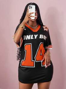 Slaydiva 2025新款音乐节运动街头春夏休闲街头V领露肩短袖14标语Logo ONLY BABY图案黑底红条纹全身印花宽松针织面料女士迷你连衣裙女士足球球衣连衣裙运动连衣裙女士球衣连衣裙女士足球连衣裙 - 橘色 - 查看 7