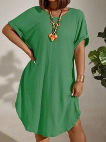 Linhara Plus Size Solid Color Short Sleeve Round Neck Dress, Fashionable For Summer