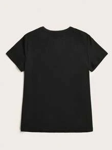 Black Minimalist Letter Print V-Neck Short Sleeve Casual T-Shirt For Women