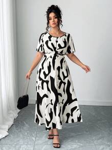 DreamSkyne Damen Große Größen schwarz-weiß asymmetrisches Druckkleid mit Twist-Knoten, lässiges Urlaubskleid mit Twist-Knoten-Trägern - Schwarz und Weiss - Übersicht 5