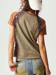 Bohemela Áo thun nữ cổ tròn tay raglan tay ngắn vừa vặn đã giặt - Màu xanh Ô liu - Xem 2