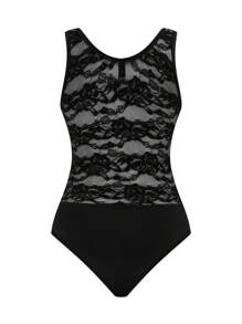 SHEIN Clasi 大码女式圆领蕾丝透视性感吊带背心，适合夏季穿着 - 黑色 - 查看 2