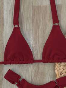 Swim SXY Women 2pcs Beachwear Outfits, Fashion Summer Strap Solid Color Suit Red Bikini Set