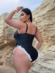 Swim SXY Conjunto de traje de baño de talla grande con adorno de contraste en los tirantes, adecuado para el verano - Negro - Ver 2