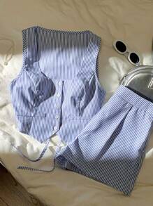 Comfortcana Women 2pcs Set Striped Open Front Single-Breasted Vest And Shorts - Blue and White - View 6