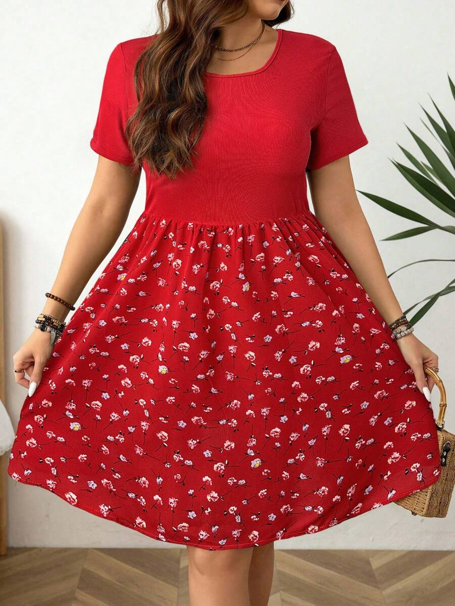 SHEIN LUNE Plus Size Solid Color Short Sleeve Dress, Fashionable For Summer - Red - View 1