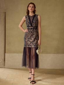 MOTF PREMIUM VESTIDO DE MODA PARA MUJERES CON CUELLO REDONDO AJUSTADO, RIBETE DE ENCAJE TRANSPARENTE Y CONTRASTE - Azul Marino - Ver 4