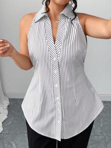 Elenzga 大码女式休闲优雅条纹无袖衬衫，前部带纽扣，腰部收紧 A 字形弧形下摆，春夏 - 白色 - 查看 1
