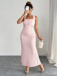 Elenzga Plus Size Women Square Neck Solid Color Sleeveless Summer Elegant Dress - Pink - View 3
