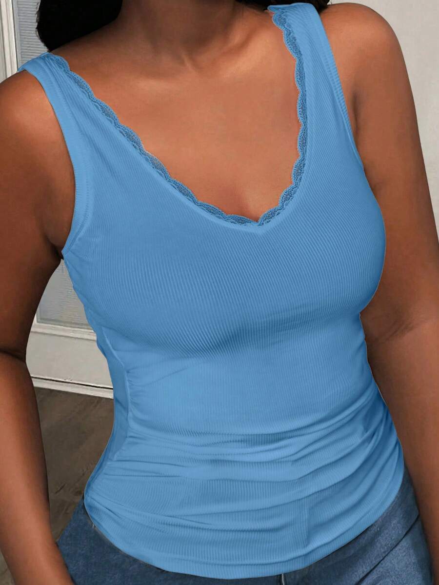 Slaydiva Plus 2025 Spring And Summer New Casual Basic All-Match Sleeveless Deep V-Neck Button Ribbed Knitted Tank Top,Suitable For Western, Boho, Beach, Wedding Guests, Easter, Rave Festival, Concert,Graduation,Sports - Blue - View 1