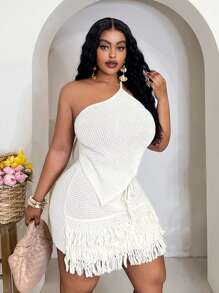 Slaydiva 2025 Summer New Music Festival, Easter, St. Patrick's Day, Western, Nomadic Style Dresses For Wedding, Birthday, Graduation, Student Wear, Casual, Vacation, Cruise Travel, Beach, Sunbathing, Popular Viral Designs, Spaghetti Strap, Sexy Backless, Tie, Fringe, Crochet, Mesh, Cream White, Plus Size 2pcs Set For Women - White - View 7